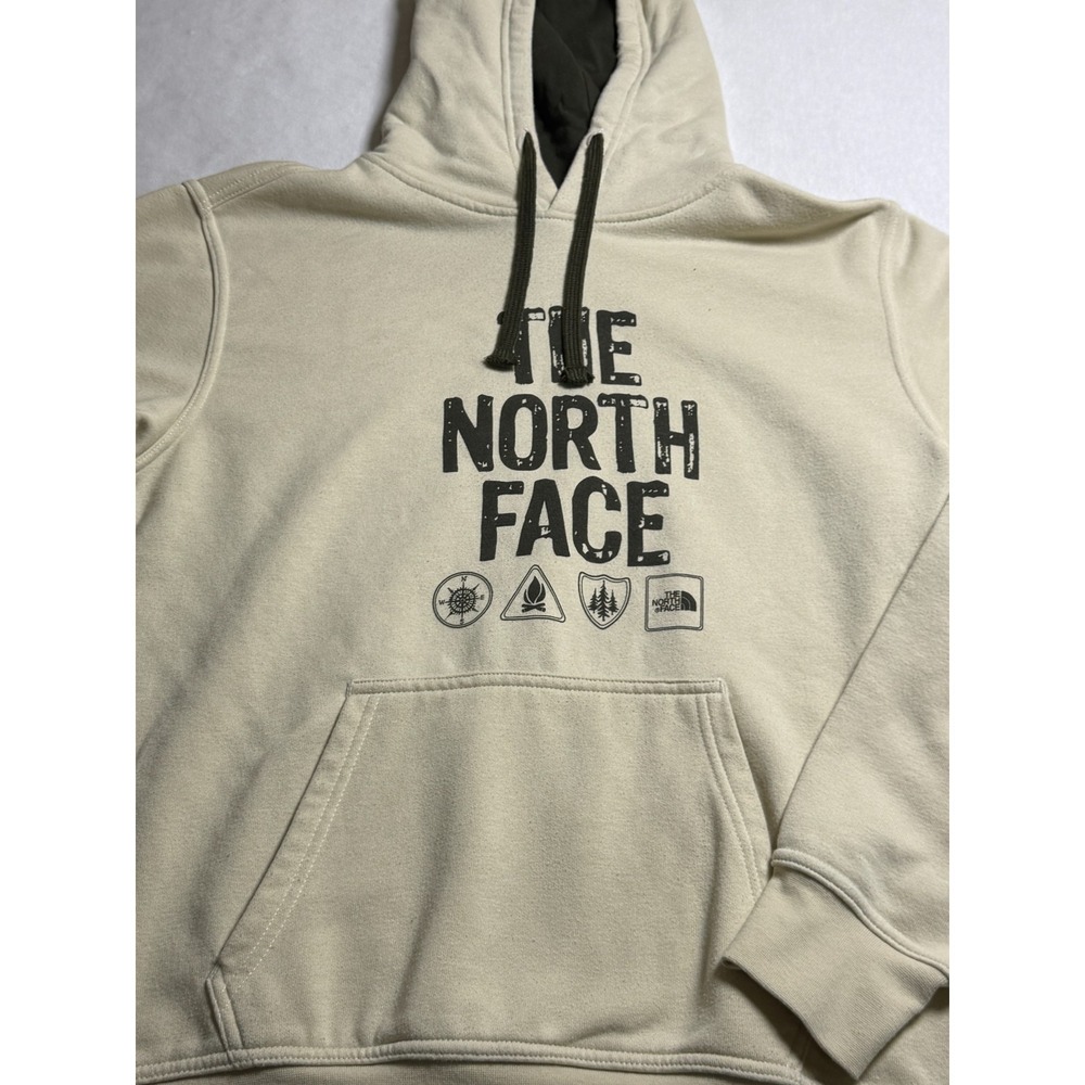 The North Face cream Mens Pullover Hoodie Medium‎ Sweatshirt graphic logo cozy